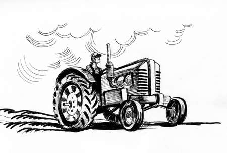 Farmer driving a tractor. Ink black and white drawingの写真素材