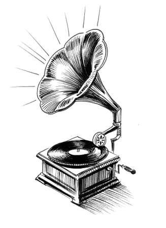 Retro phonograph. Ink black and white drawingの写真素材