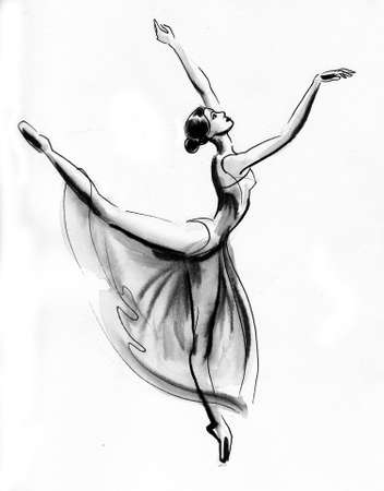 Dancing ballerina. Ink and watercolor illustrationの写真素材
