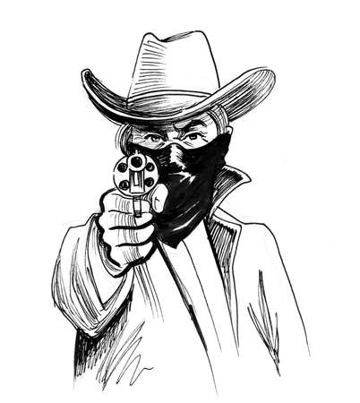 bandit pointing gun to the viewer. Ink black and white drawingの写真素材