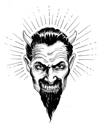 Satan head. Ink black and white drawing