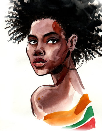 Beautiful African woman drawing on whiteの写真素材