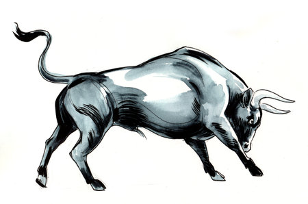 Big black bull. Ink and watercolor illustrationの写真素材