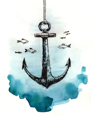 Old anchor under water with fishes. Ink and watercolor illustration