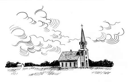 Small church in the countryside. Ink black and white drawingの写真素材
