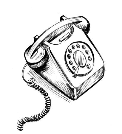 Retro rotary telephone. Ink black and white drawingの写真素材