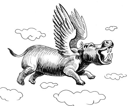 Flying hippo. Ink black and white drawingの写真素材