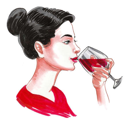 Pretty woman drinking glass of wine. Ink and watercolor illustrationの写真素材
