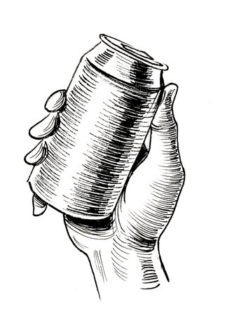 Hand holding an aluninum can. Ink black and white drawing