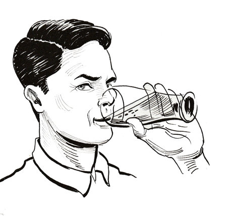 Young man drinking a glass of beer. Ink black and white drawing