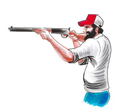 Red Neck American shooting with a rifle. Ink and watercolor drawingの写真素材