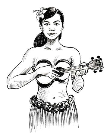Pretty Hawaiian woman playing a guitar. Ink black and white drawingの写真素材