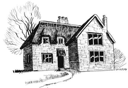 Old house in the countryside. Ink black and white drawingの写真素材