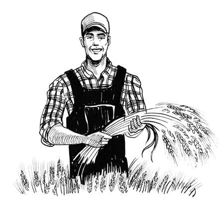 Farmer with a crop of wheat. Ink black and white drawingの写真素材