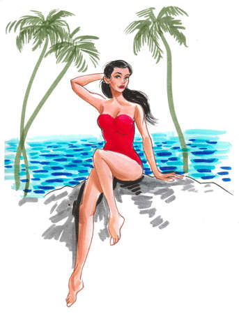 Pretty woman in red swimming suit on the beach. Ink and watercolor illustrationの写真素材