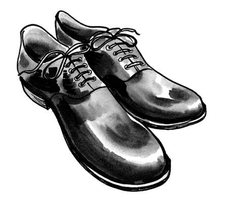 Pair of black classic, shoes. Ink and watercolor drawingの写真素材