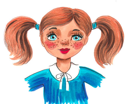 Pretty doll. Ink and watercolor drawingの写真素材