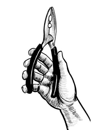 Hand holding pliers tool. Ink black and white drawingの写真素材
