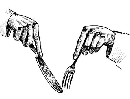 Hands with fork and knife. Ink black and white drawingの写真素材