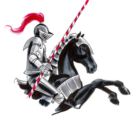Ancient knight on a horse. Ink and watercolor drawingの写真素材