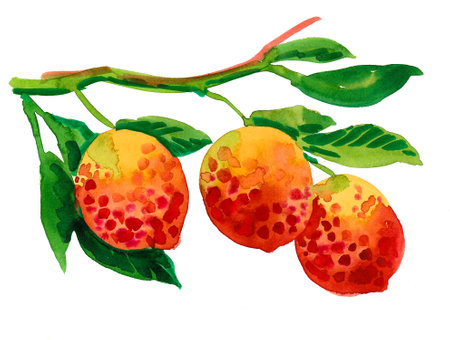 Tropical fruit on a tree. Ink and watercolor drawingの写真素材