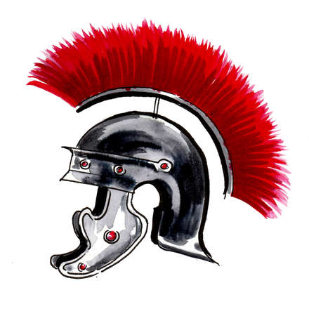 Ancient Roman helmet. Ink and watercolor drawingの写真素材