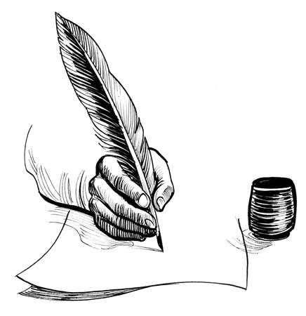Hand with a quill pen. Ink black and white drawingの写真素材