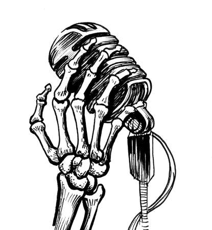 Skeleton hand holding a vintage microphone. Ink black and white drawingの写真素材