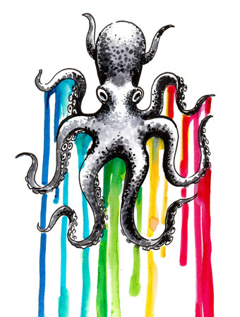 Rainbow colored squid. Ink and watercolor drawingの写真素材