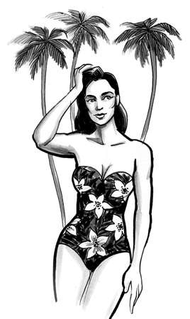Hawaiian beauty. Ink black and white drawingの写真素材