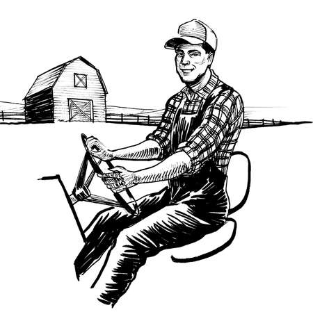 Farmer driving tractor. Ink black and white drawingの写真素材