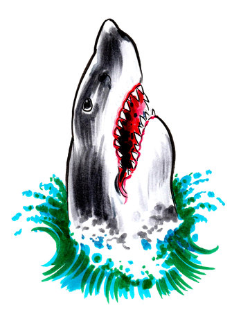 Angry shark in sea water. ink and watercolor drawingの写真素材
