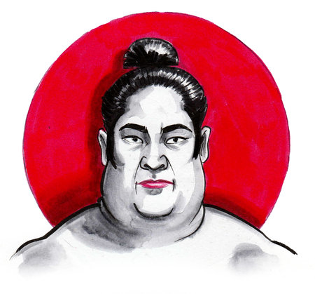 Sumo wrestler and red sun. ink and watercolor drawingの写真素材