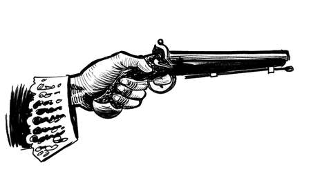 Hand shooting with a pistol. Ink black and white drawingの写真素材