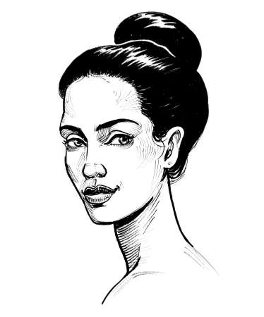 Beautiful brunette woman. Ink black and white drawingの写真素材