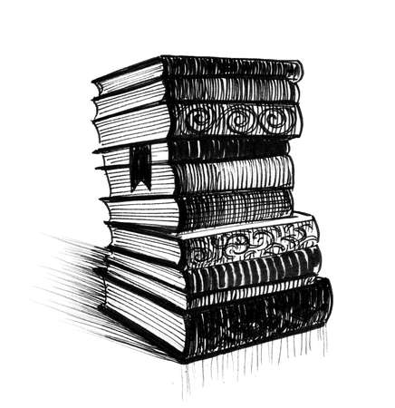 Stack of old books. Ink black and white drawingの写真素材