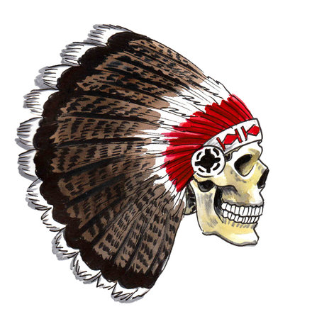 Human skull in Indian chief  headwear. Ink and watercolor drawingの写真素材