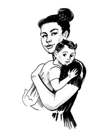 Mother and child. ink black and white drawingの写真素材