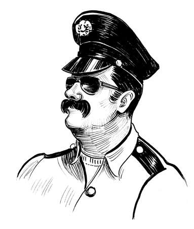 American cop. Ink black and white drawingの写真素材