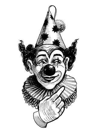 Clown pointing with finger. Ink black and white drawingの写真素材