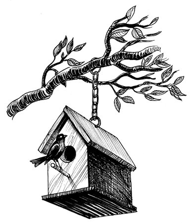 Birds house on tree branch. Ink black and white drawingの写真素材