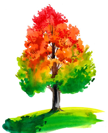 Colorful autumn tree. Ink and watercolor drawingの写真素材