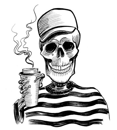 Skeleton drinking a cup of coffee. Ink black and white drawingの写真素材
