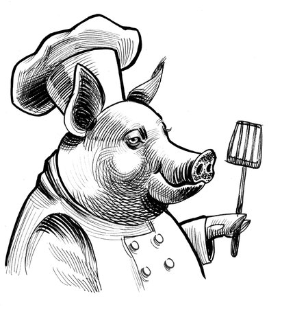 Illustration of a pig in a chef's hat with a stickの写真素材