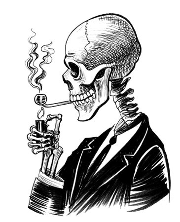 Human skeleton smoking crack pipe. Ink black and white drawingの写真素材