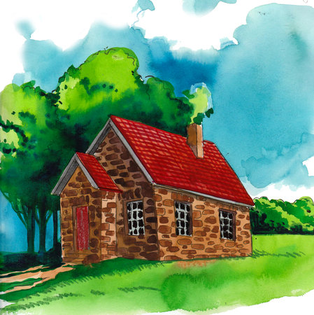Old house in the countryside. Hand-drawn on paper, Ink and watercolor sketchの写真素材