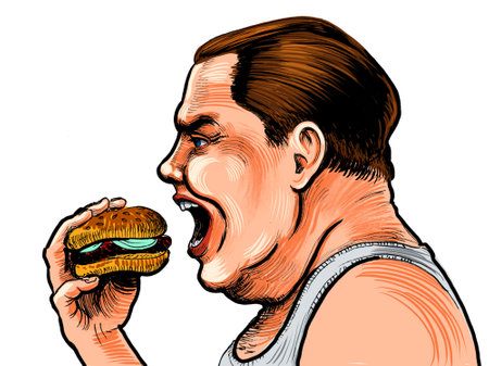 Fat man biting a burger. Hand drawn ink on paper and digitally colored on tablet sketchの写真素材