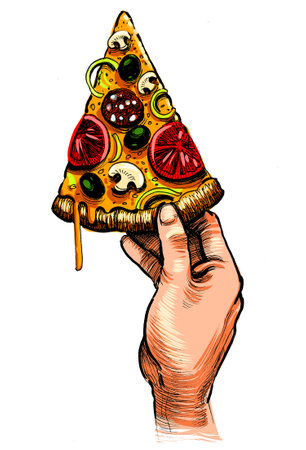 Hand with a slice of pizza. Hand-drawn on paper and hand-colored on tabletの写真素材