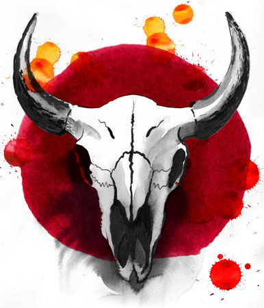 Bull skull on white background. Hand-drawn ink and watercolor with splatters on paperの写真素材