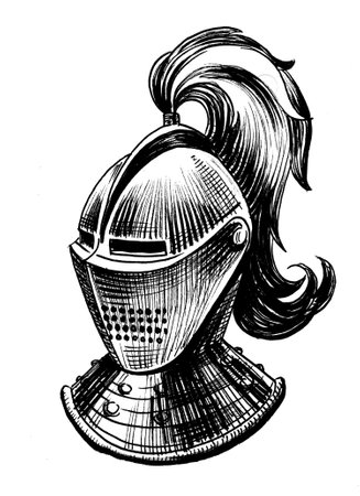 Medieval knight helmet. Hand-drawn ink on paperの写真素材